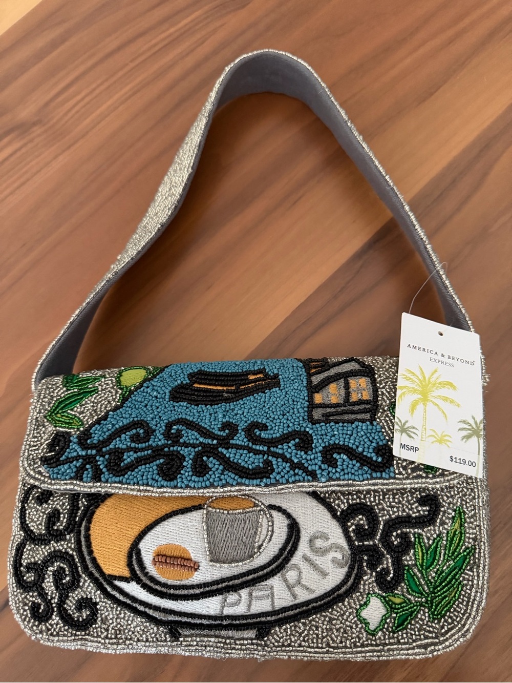 NWT America & Beyond Paris Beaded Coffee Scene Shoulder Bag